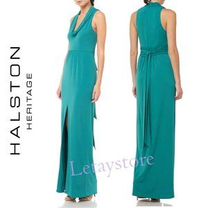 NWT HALSTON HERITAGE Draped Cowl Neck Front Slit Gown Maxi Cocktail Party Dress
